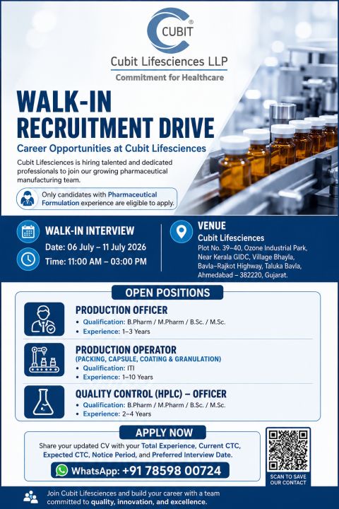 Cubit Lifesciences LLP Walk-in On 06 July – 11 July 2026 for Multiple ...